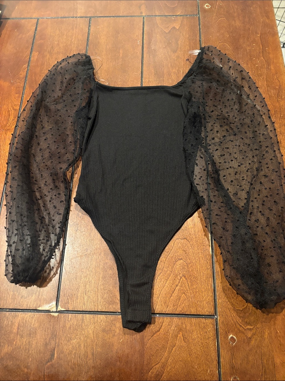 Altar'd State Black Ribbed Bodysuit with Sheer Dot Puff Sleeves